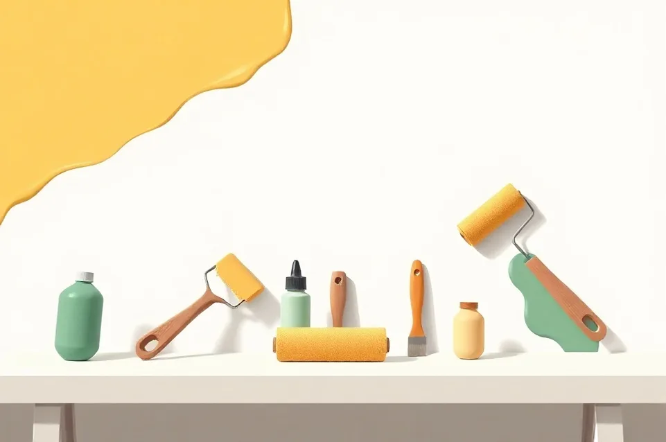 Outils de peinture disposés dans l'ordre des étapes du chantier