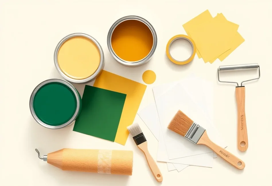 Pots de peinture, nuancier, brosses et rouleaux disposés à plat