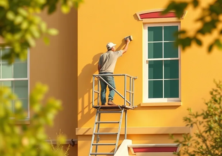 Peintre sur échafaudage traitant la façade d'une maison